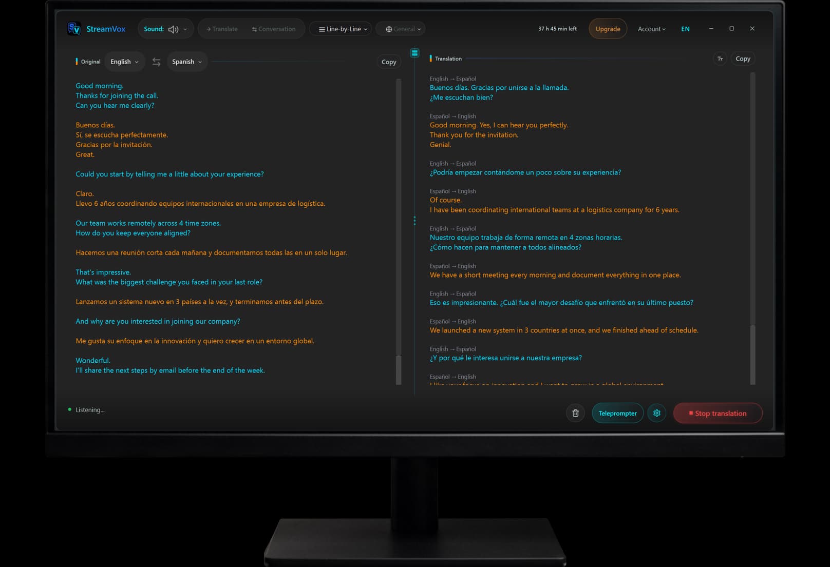 StreamVox on a Windows monitor in Conversation mode